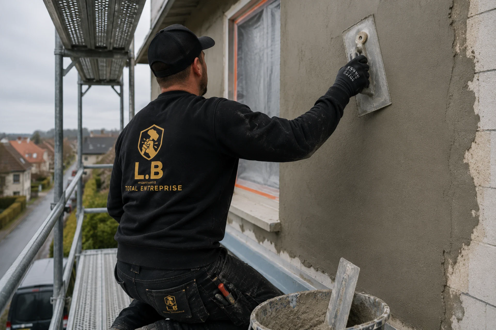 Bygningsarbejder på facaderenovering med grå væg og stillads.