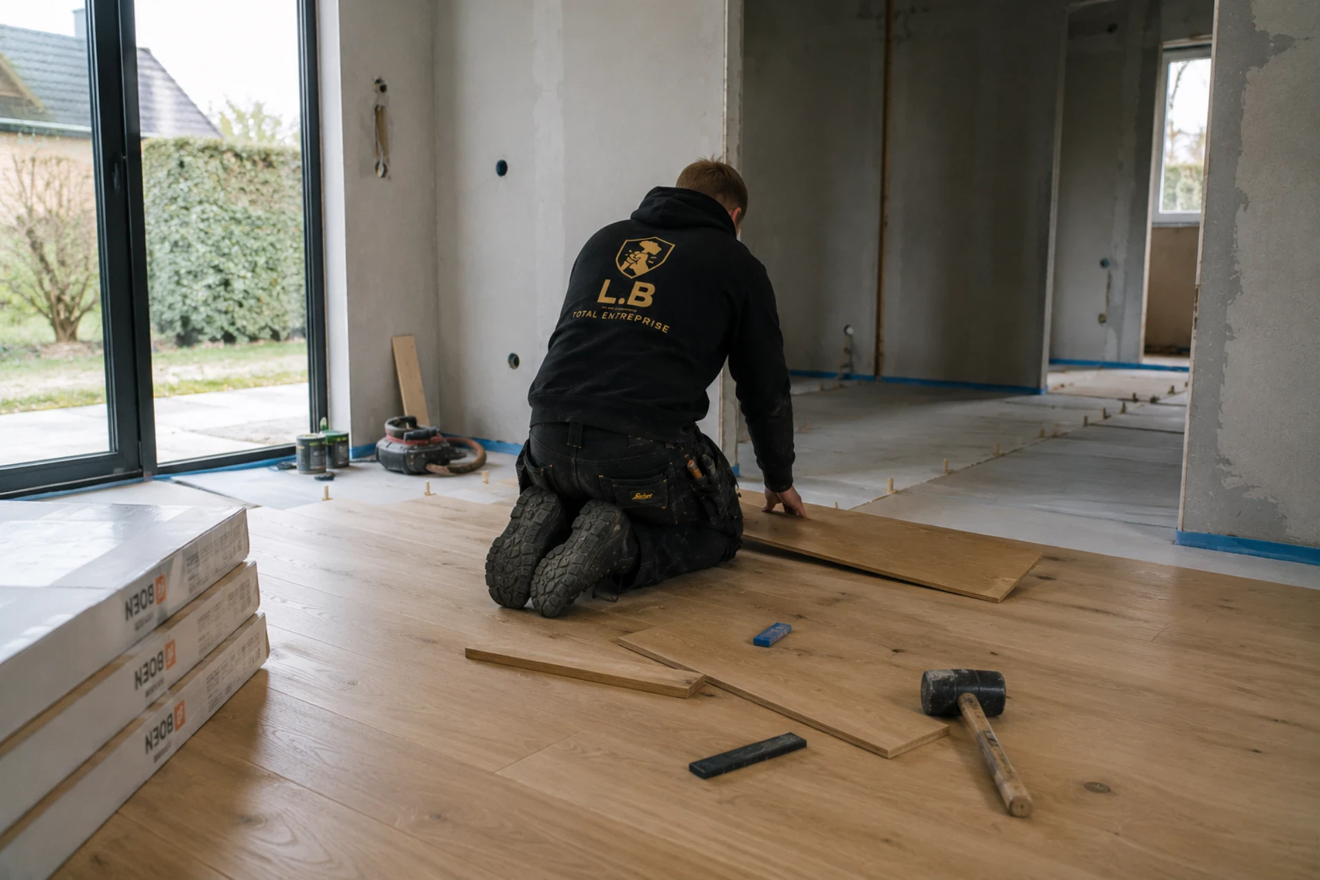 Håndværker lægger gulv i nybygget hus under renovering.