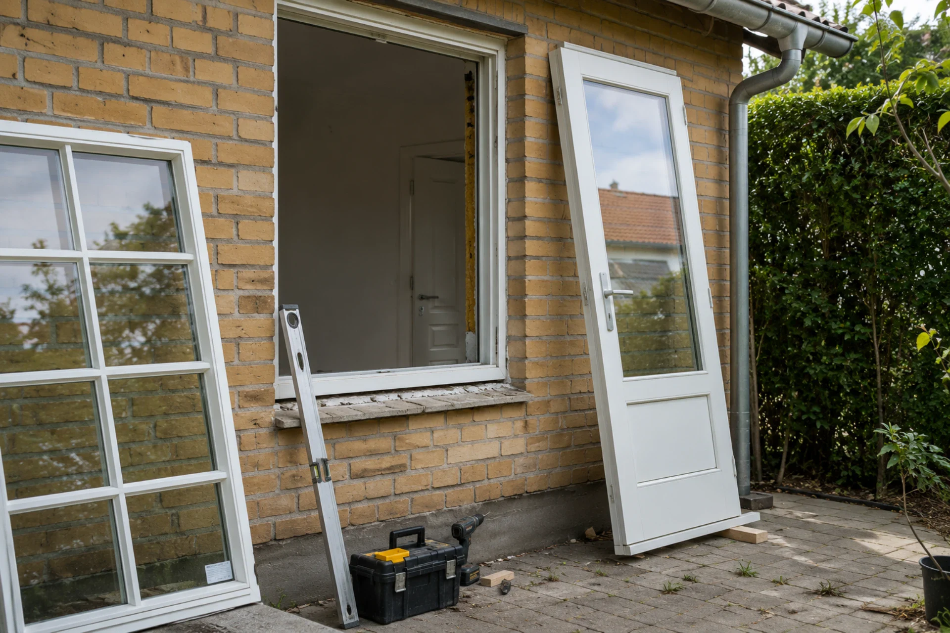Udendørs billede af dør- og vinduesudskiftning i et hus.