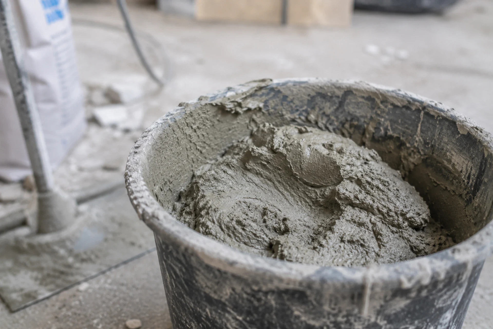 Blanding af cement i en sort spand til byggeri.