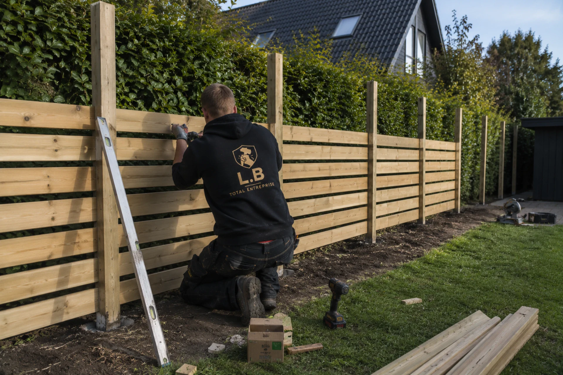 Håndværker bygger træhegn til have med værktøj og materialer.
